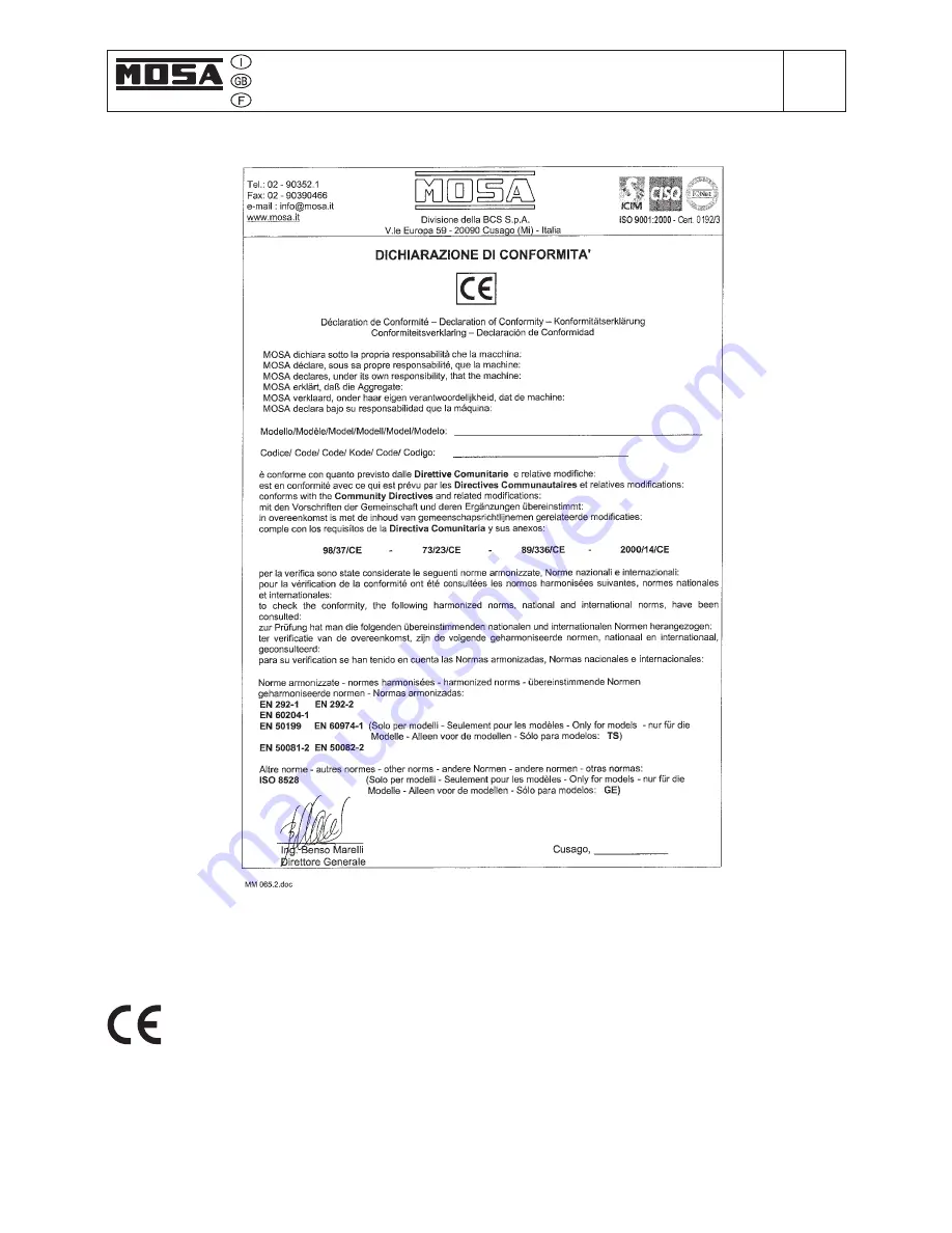 Mosa TS 300 SC-SXC Use And Maintenance Manual, Spare Parts Catalog Download Page 7