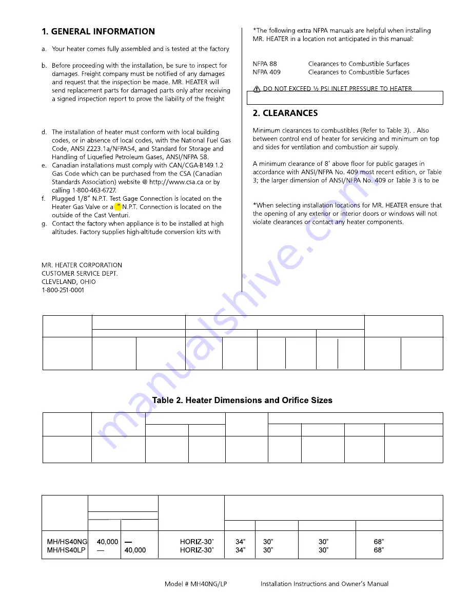 Mr. Heater MH40 NG Operating Instructions And Owner'S Manual Download Page 3