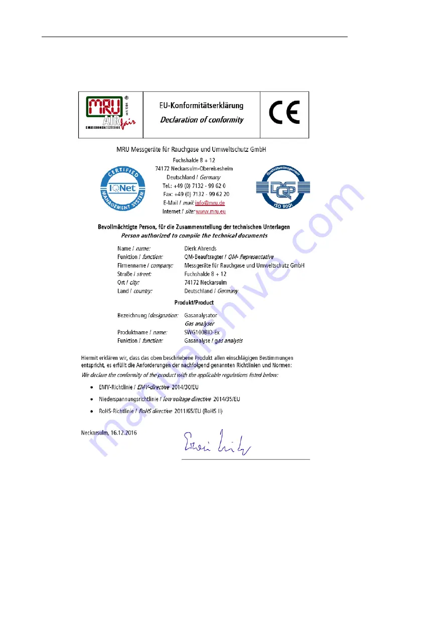 mru SWG100 BIOEX User Manual Download Page 147