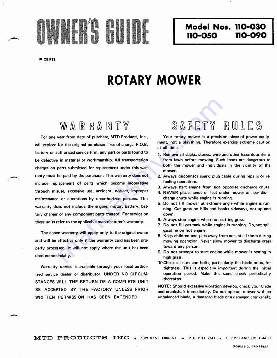 MTD 110-030 Owner'S Manual Download Page 1