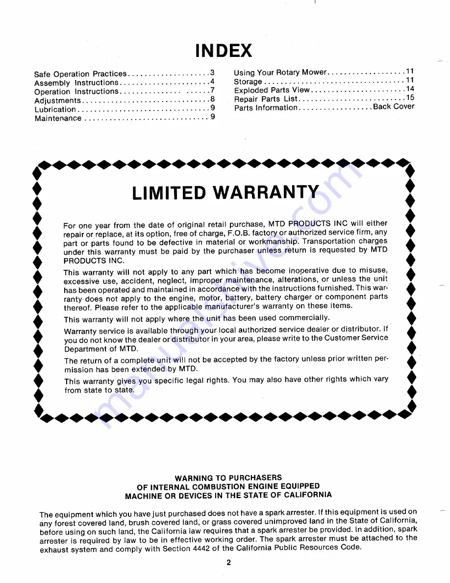 MTD 110-120-300 Owner'S Manual Download Page 2