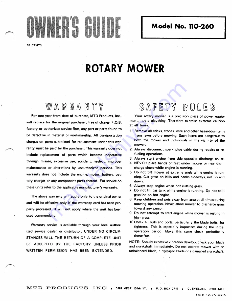 MTD 110-260 Owner'S Manual Download Page 1