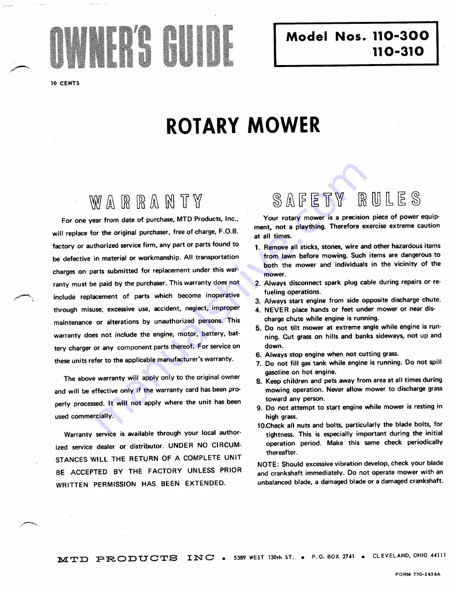 MTD 110-300 Owner'S Manual Download Page 1