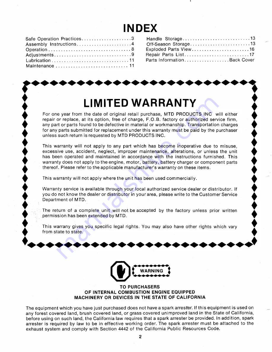 MTD 110-329-300 Owner'S Manual Download Page 2