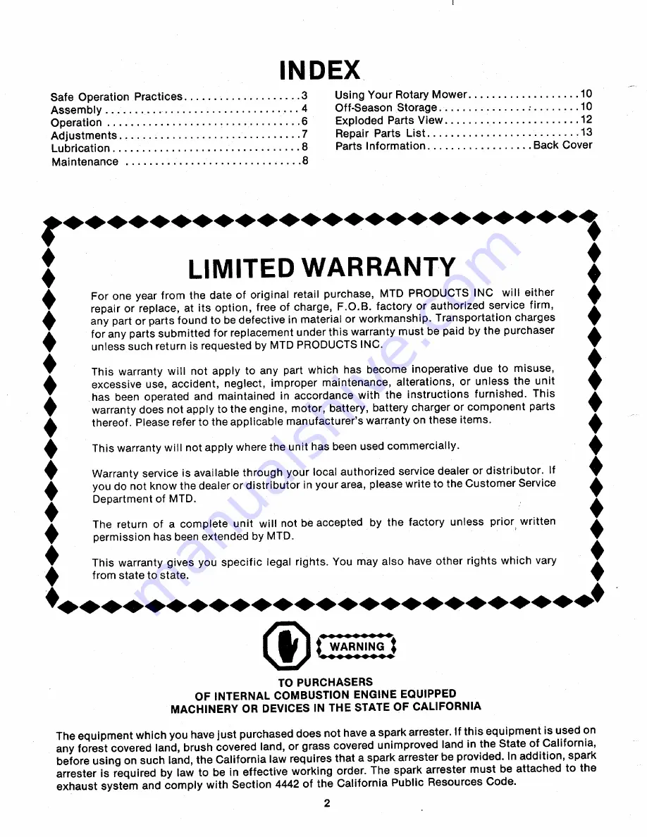 MTD 111-020-300 Owner'S Manual Download Page 2