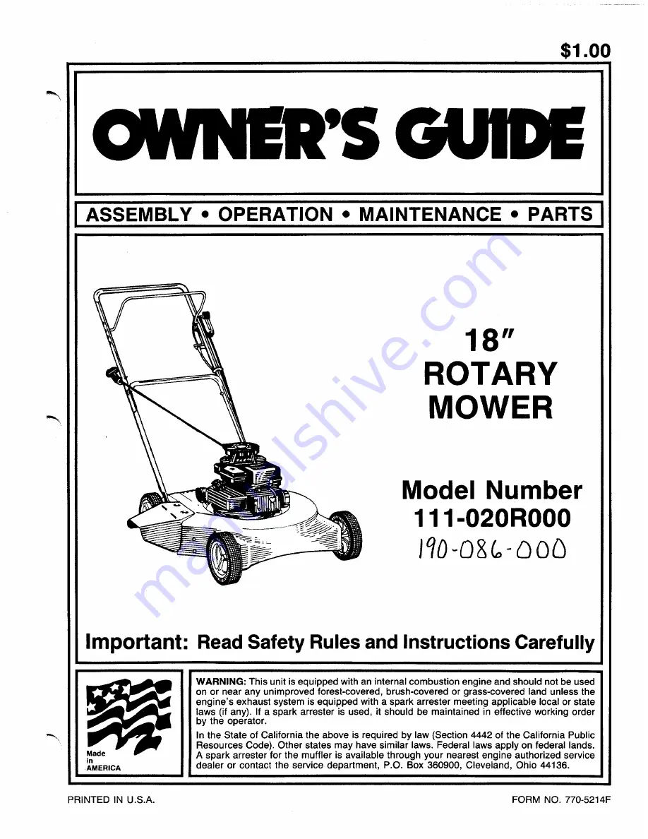 MTD 111-020R000 Owner'S Manual Download Page 1