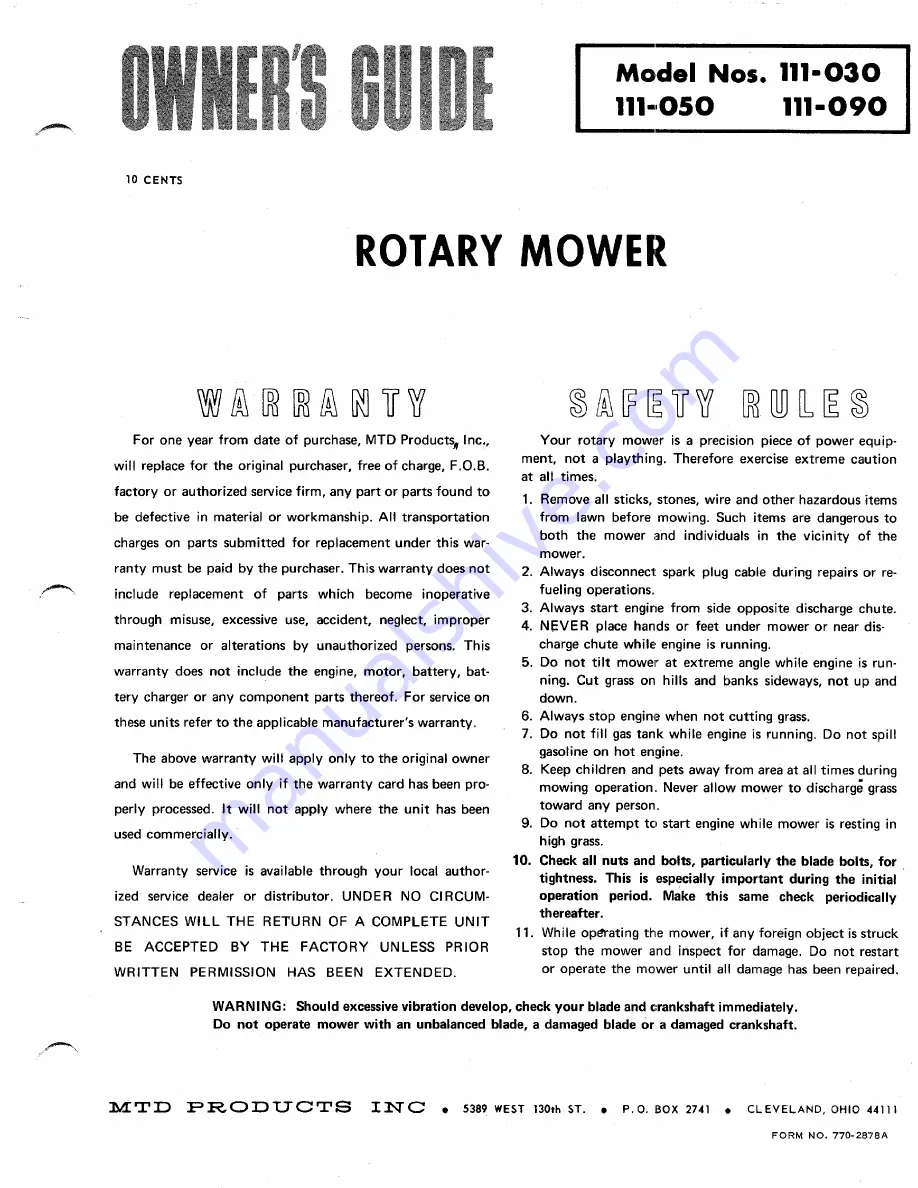 MTD 111-030 Owner'S Manual Download Page 1