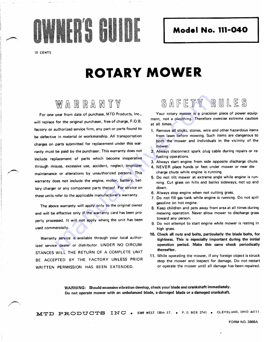 MTD 111-040 Owner'S Manual Download Page 1