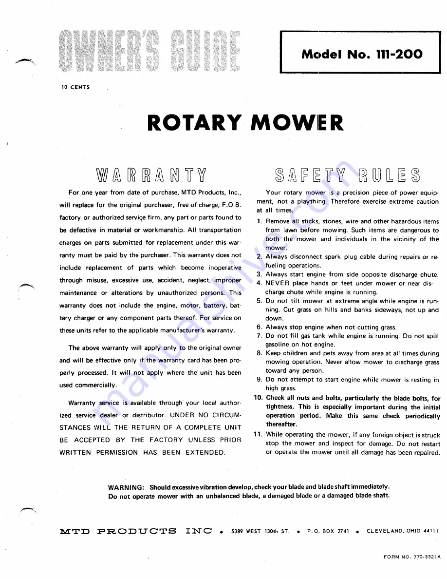 MTD 111-200 Owner'S Manual Download Page 1