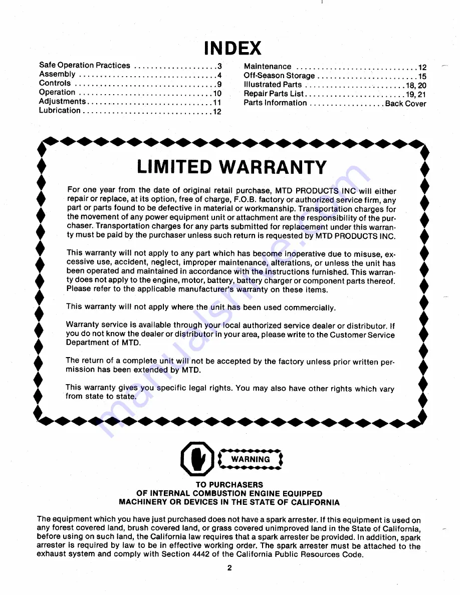 MTD 111-338A Owner'S Manual Download Page 2