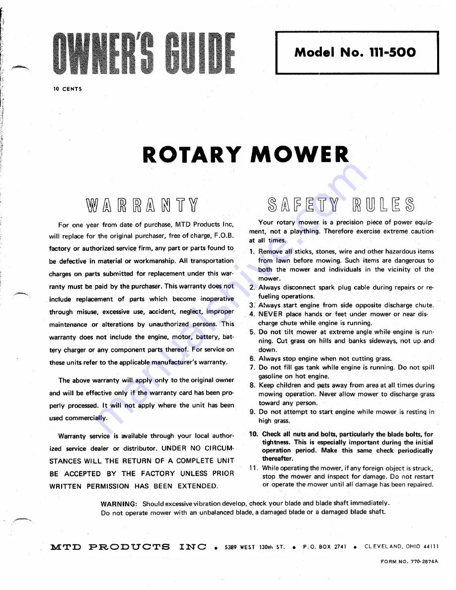 MTD 111-500 Owner'S Manual Download Page 1