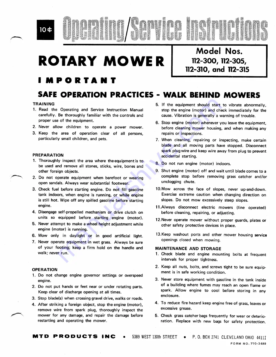 MTD 112-300 Operating/Service Instructions Manual Download Page 1