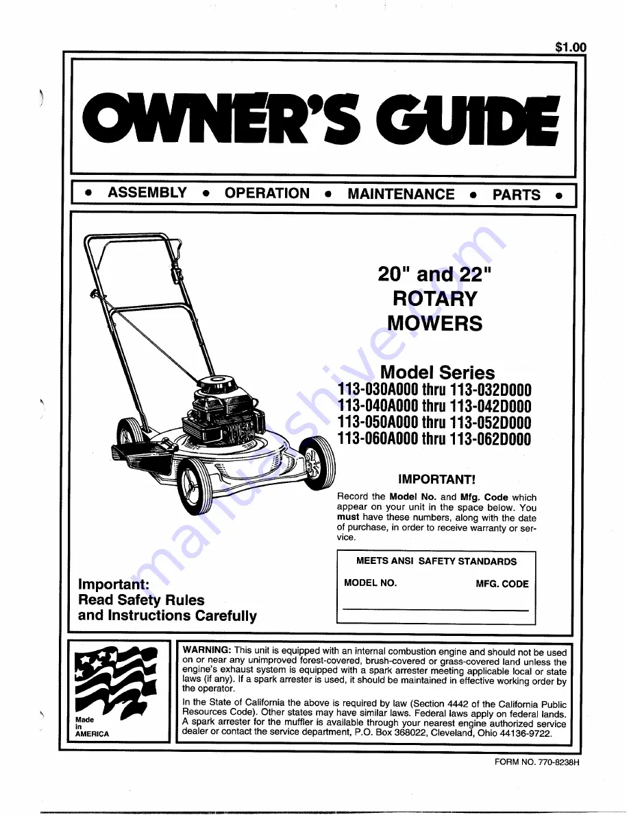 MTD 113-030A000 Series Owner'S Manual Download Page 1