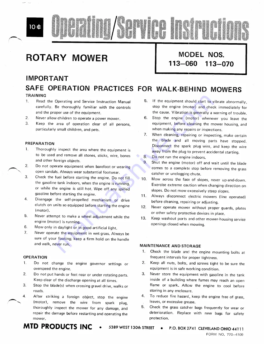 MTD 113-060 Operating/Service Instructions Manual Download Page 1