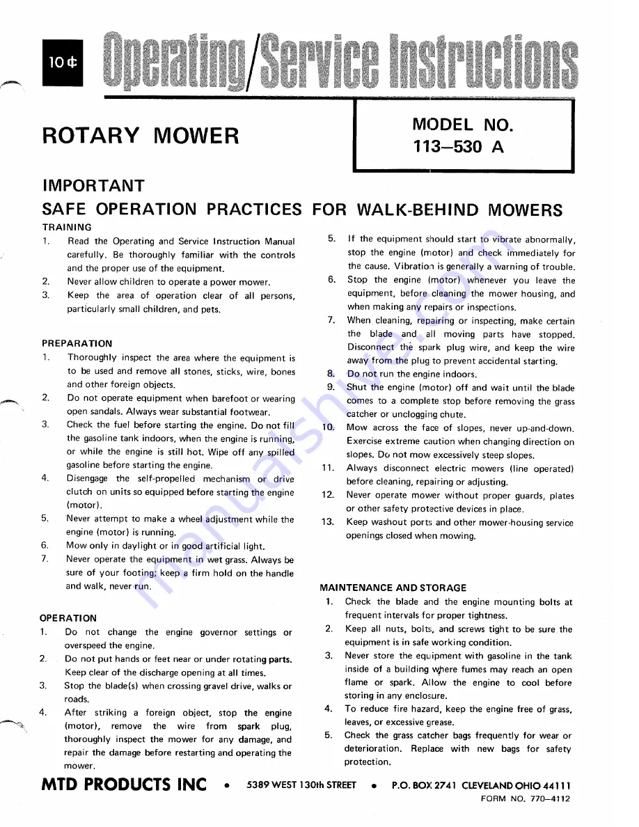 MTD 113-530 A Operating/Service Instructions Manual Download Page 1