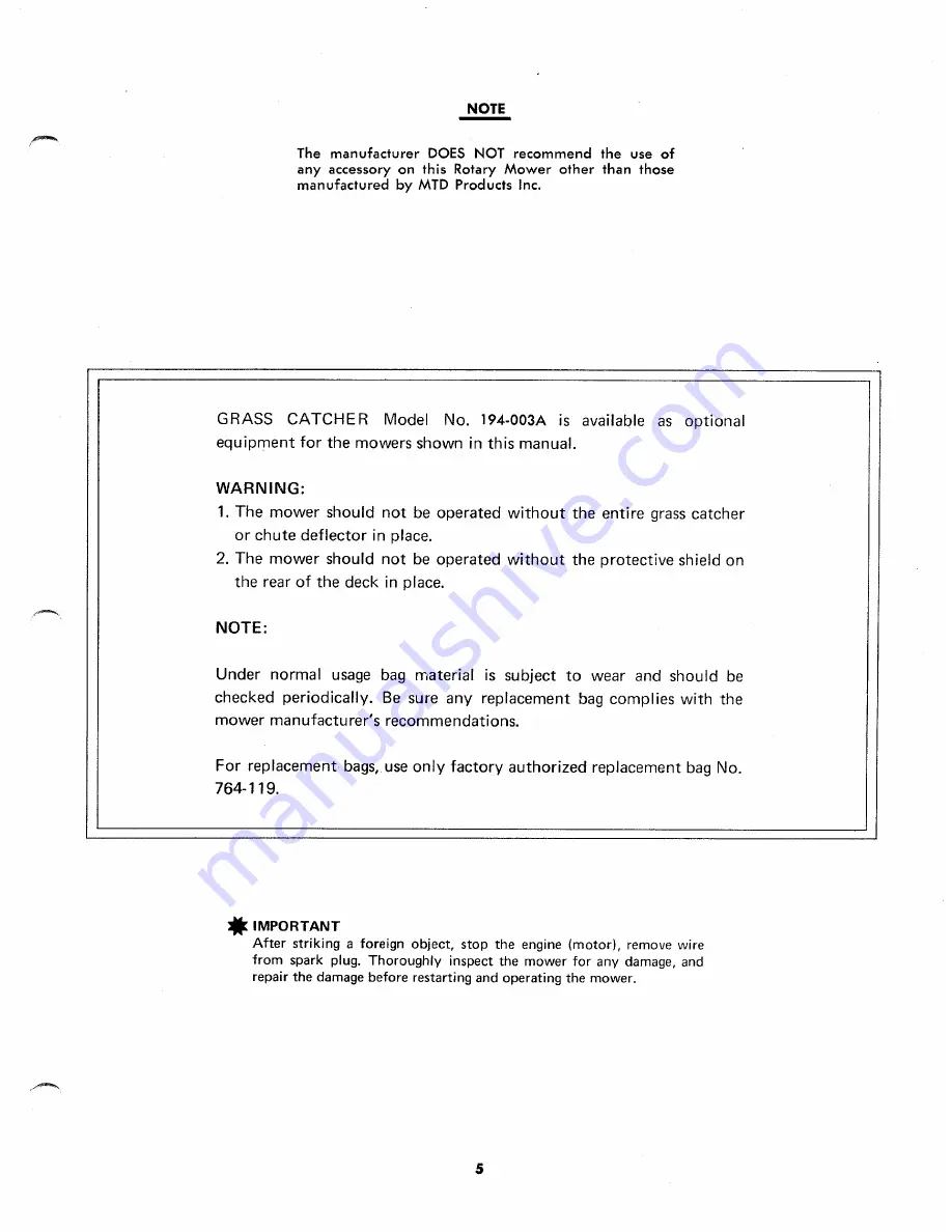 MTD 114-040A Owner'S Operating Service Instruction Manual Download Page 5