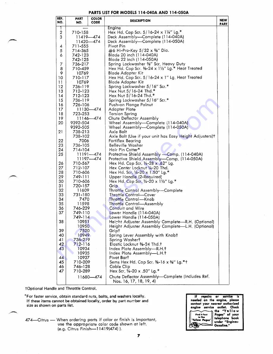 MTD 114-040A Owner'S Operating Service Instruction Manual Download Page 7