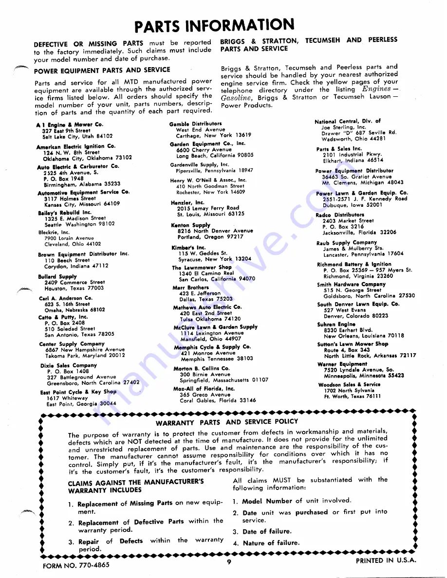 MTD 114-100A Owner'S Operating Service Instruction Manual Download Page 9