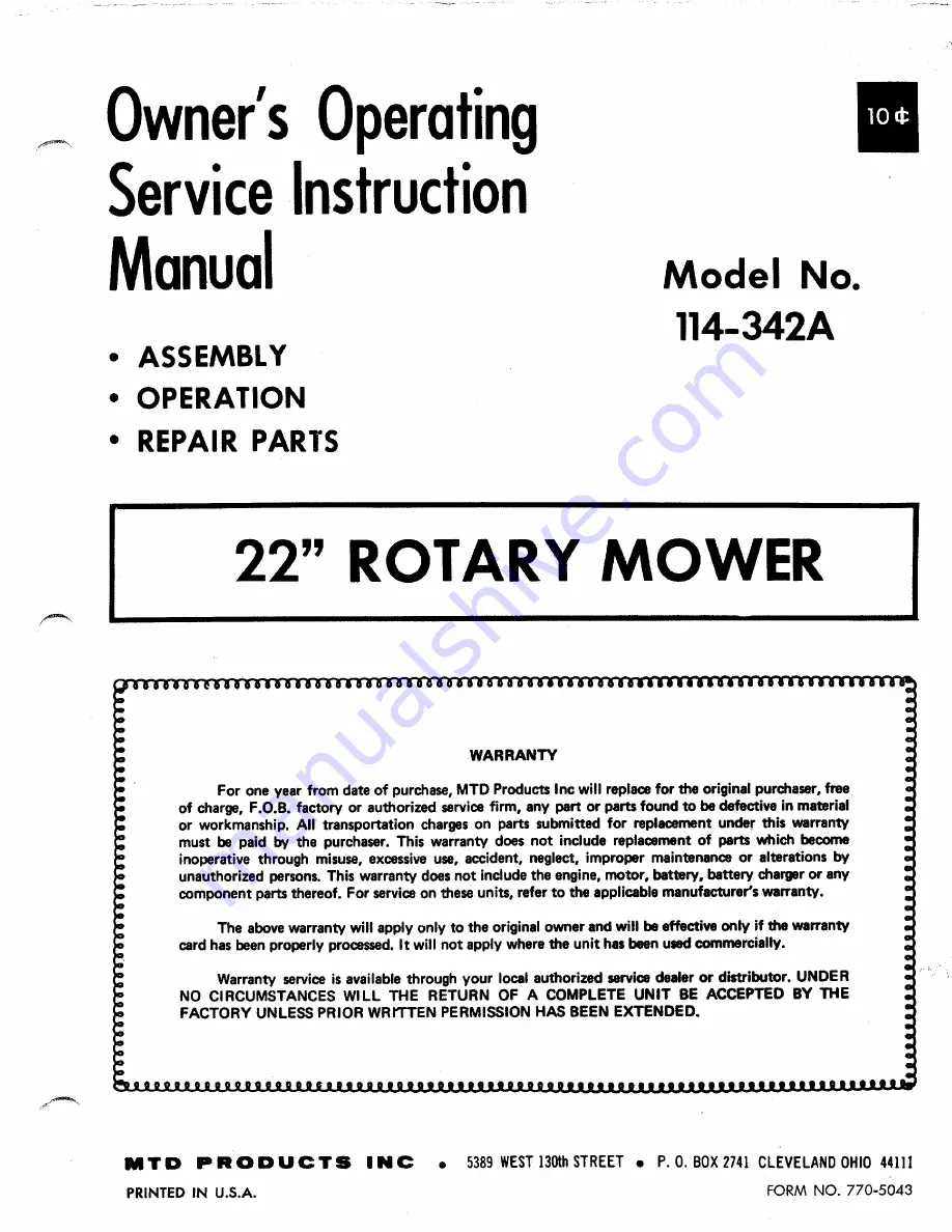 MTD 114-342A Owner'S Operating Service Instruction Manual Download Page 1