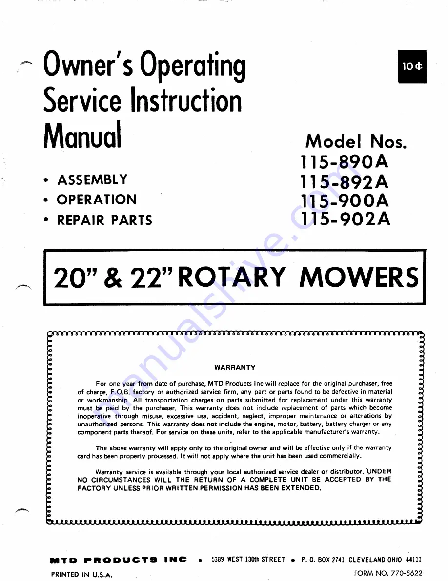 MTD 115-890A Owner'S Operating Service Instruction Manual Download Page 1