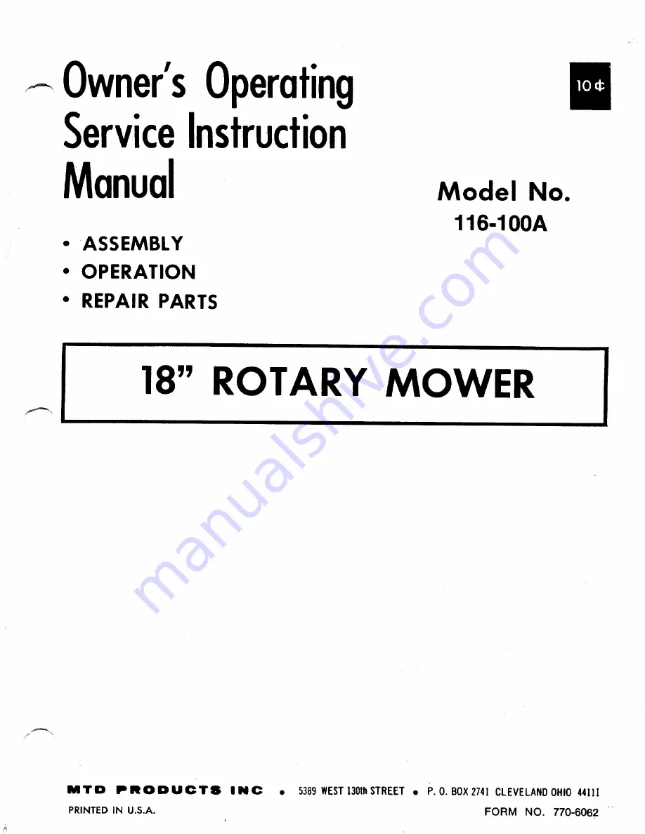 MTD 116-100A Owner'S Operating Service Instruction Manual Download Page 1