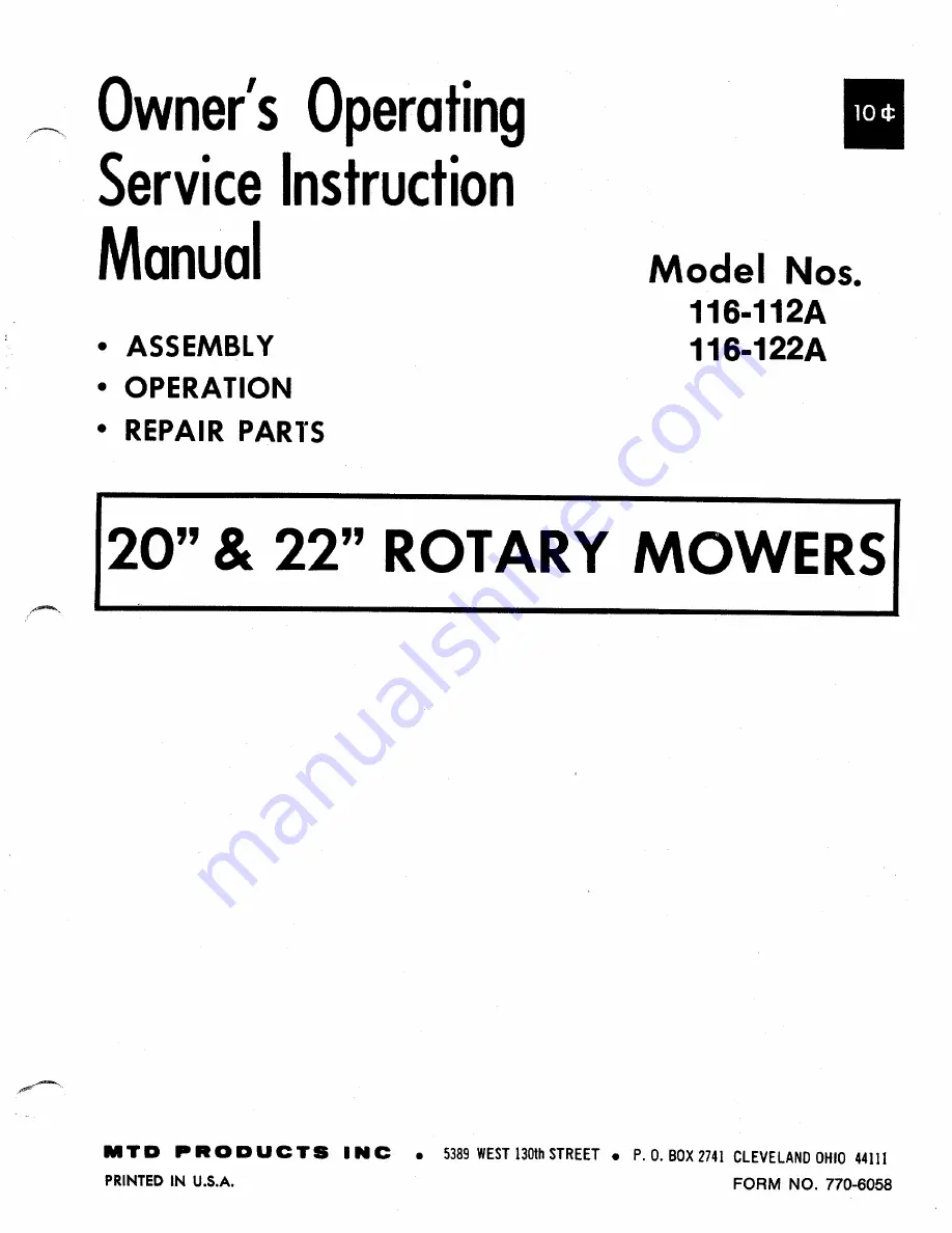 MTD 116-112A Owner'S Operating Service Instruction Manual Download Page 1