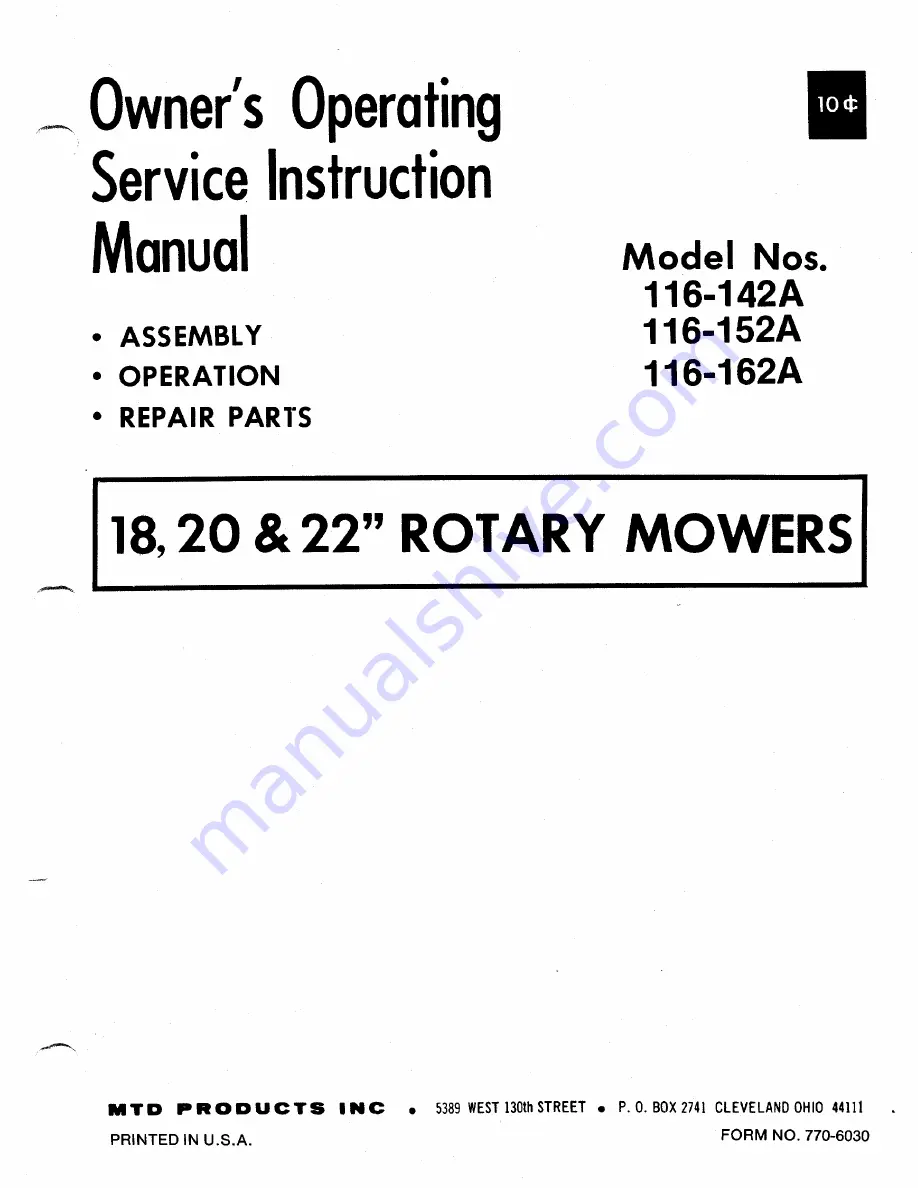 MTD 116-142A Owner'S Operating Service Instruction Manual Download Page 1