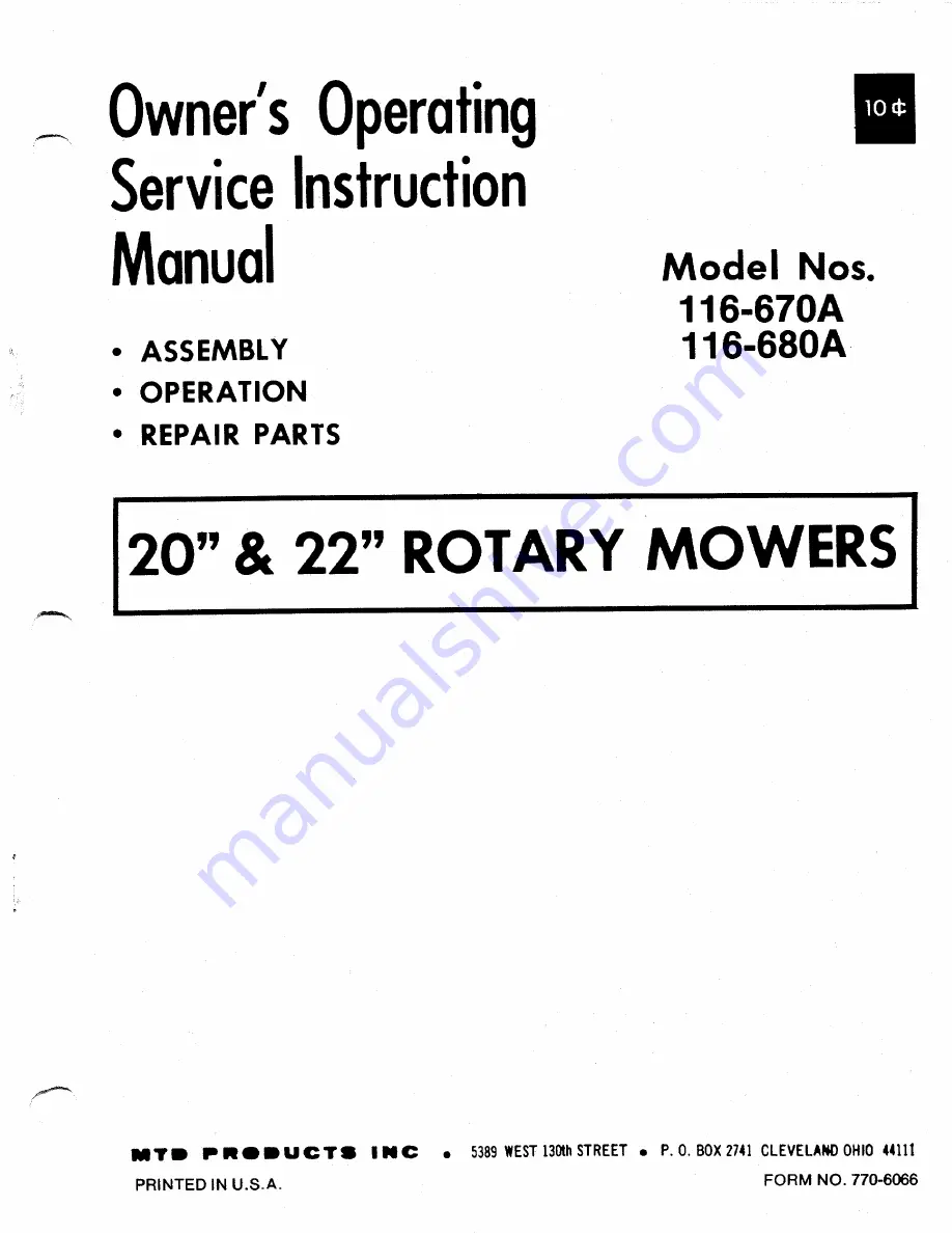 MTD 116-670A Owner'S Operating Service Instruction Manual Download Page 1