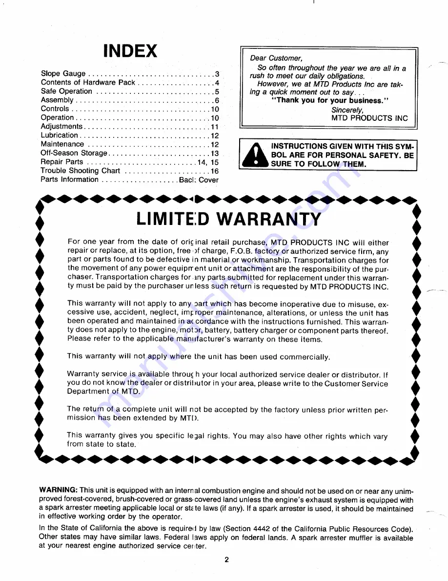 MTD 117-050-000 Owner'S Manual Download Page 2