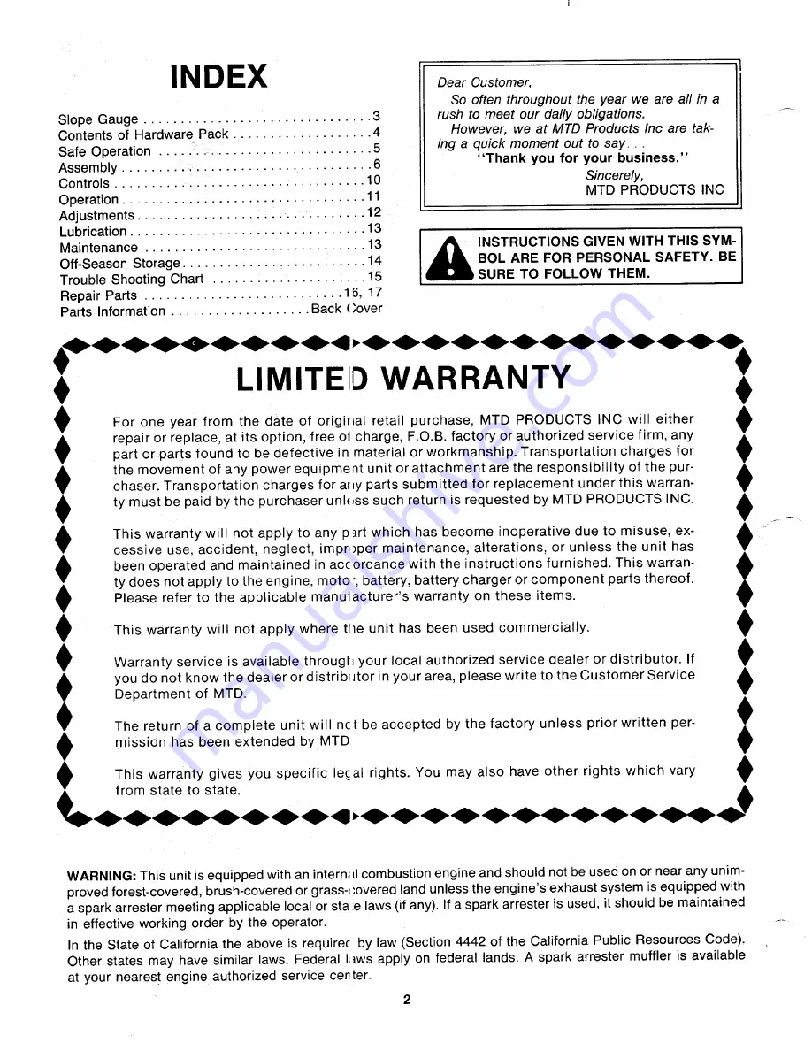 MTD 117-060-000 Owner'S Manual Download Page 2