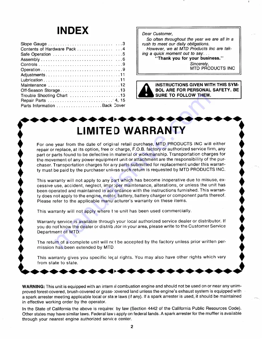 MTD 118-020R000 Owner'S Manual Download Page 2