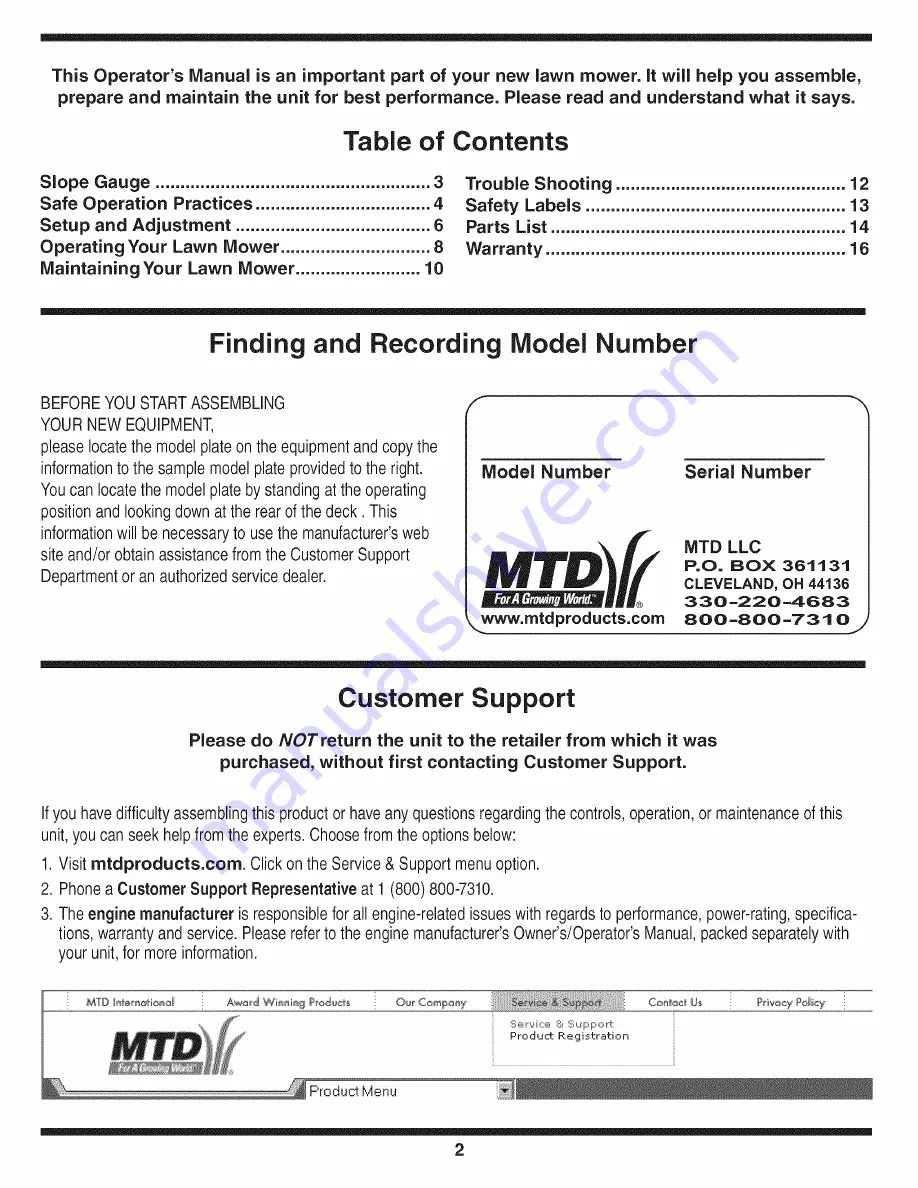 MTD 11A-414E729 Operator'S Manual Download Page 2