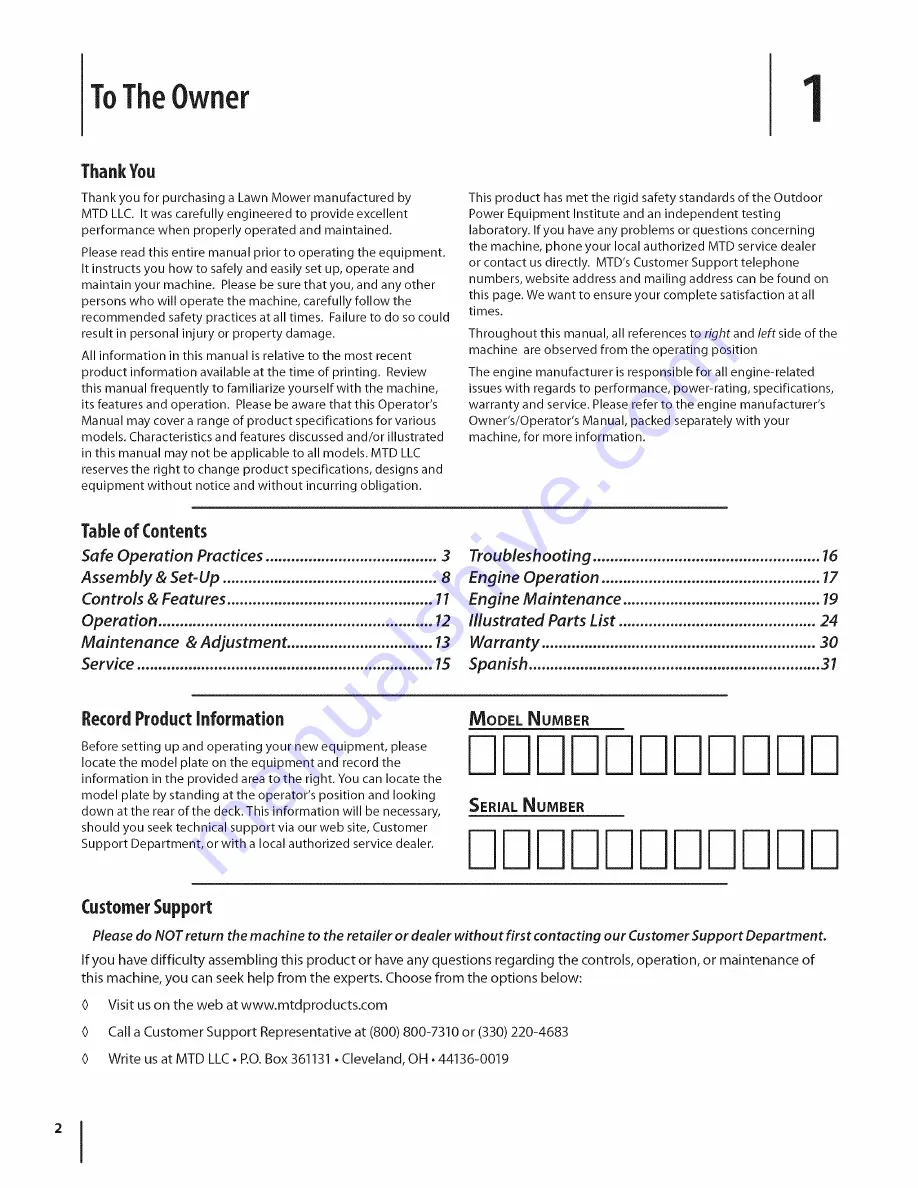 MTD 11A-41MY229 Operator'S Manual Download Page 2