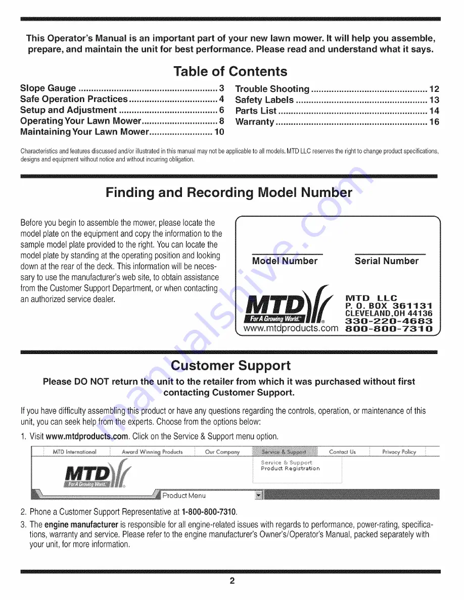 MTD 11A-429R729 Operator'S Manual Download Page 2