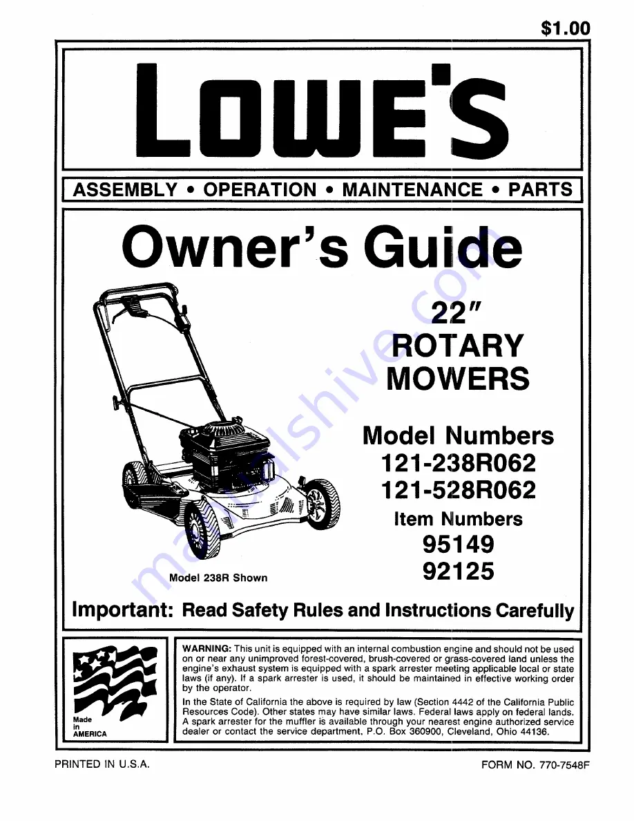 MTD 121-238R062 Owner'S Manual Download Page 1