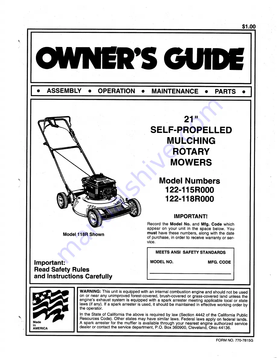 MTD 122-115R000 Owner'S Manual Download Page 1