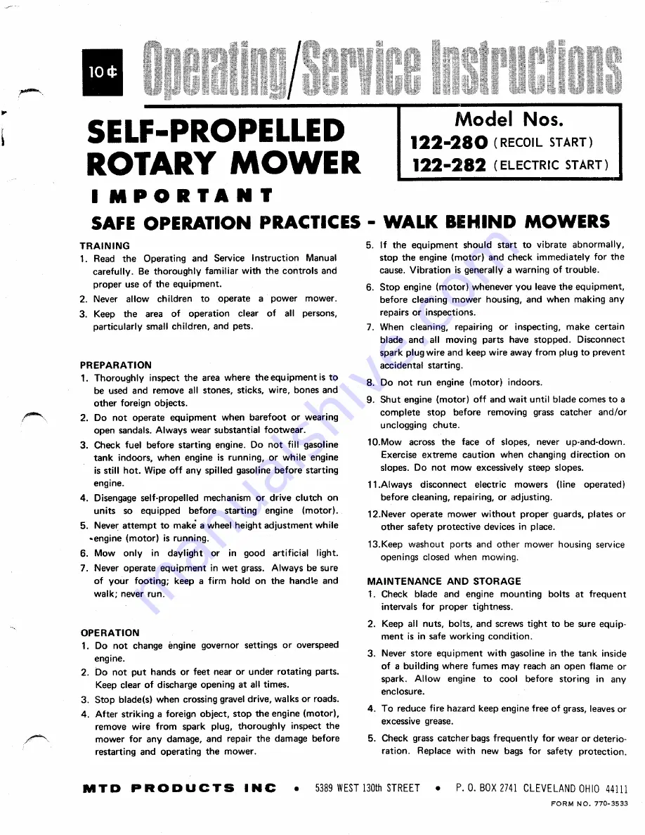 MTD 122-280 Operating/Service Instructions Manual Download Page 1