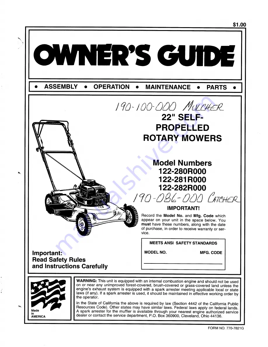 MTD 122-280R000 Owner'S Manual Download Page 1