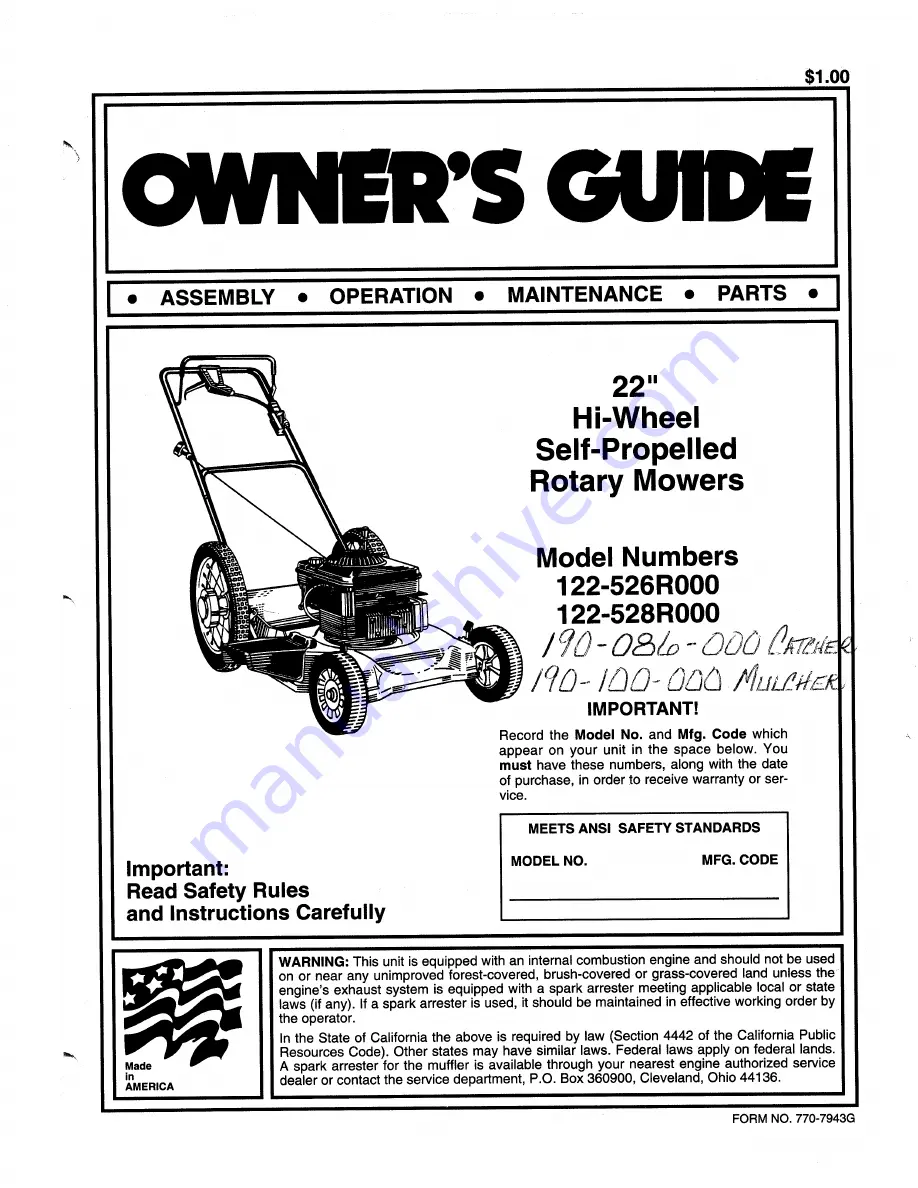 MTD 122-526R000 Owner'S Manual Download Page 1