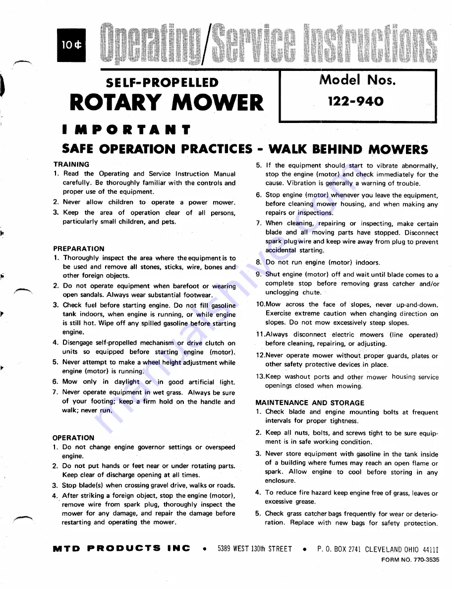 MTD 122-940 Operating/Service Instructions Manual Download Page 1