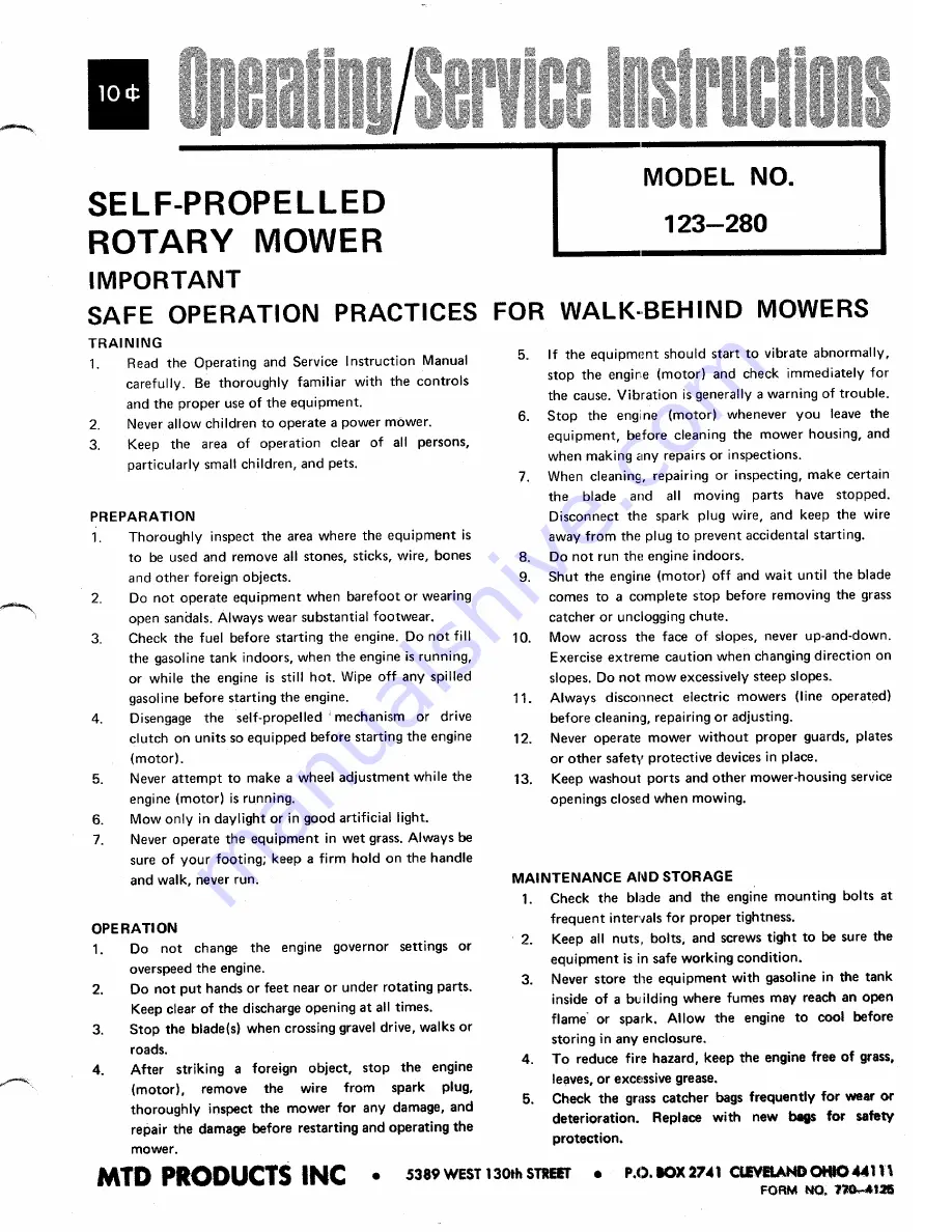 MTD 123-280 Operating/Service Instructions Manual Download Page 1