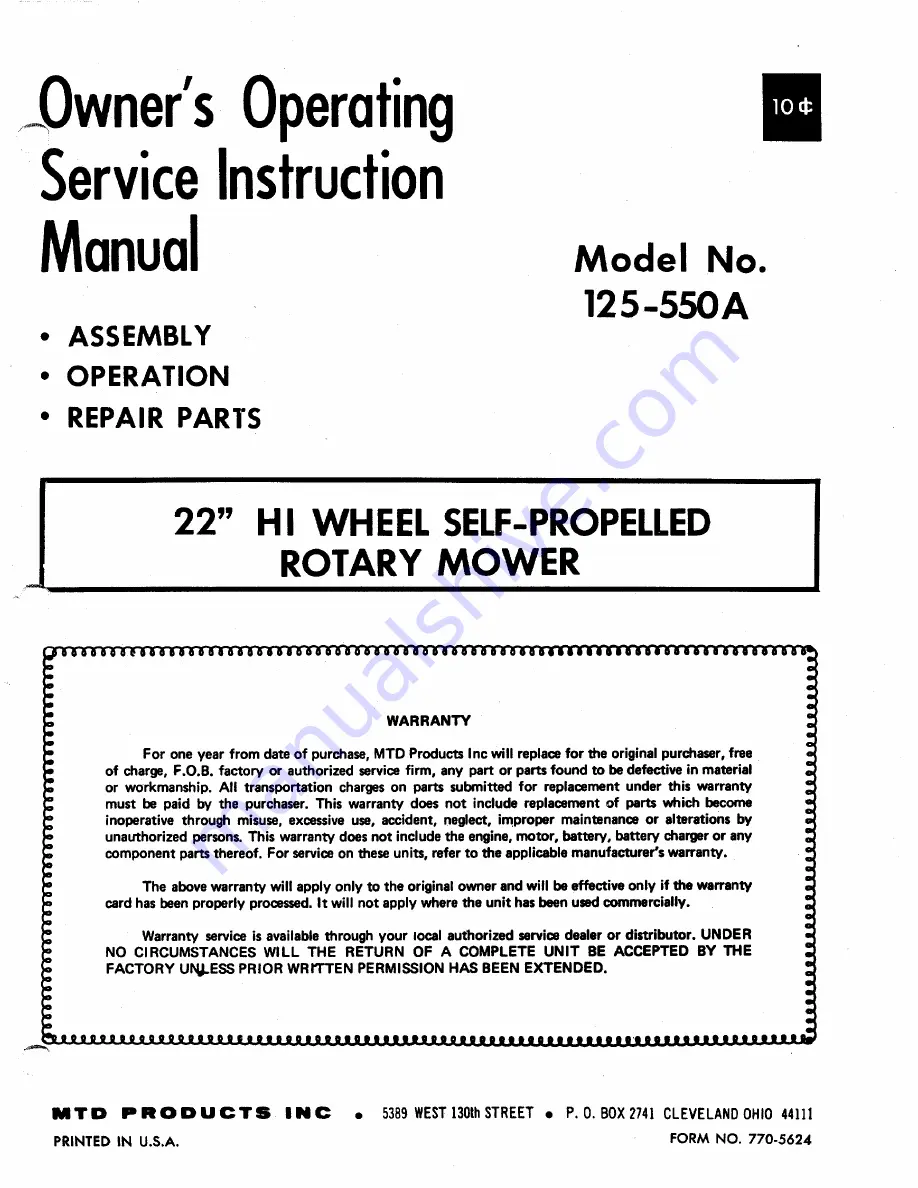 MTD 125-550A Owner'S Operating Service Instruction Manual Download Page 1