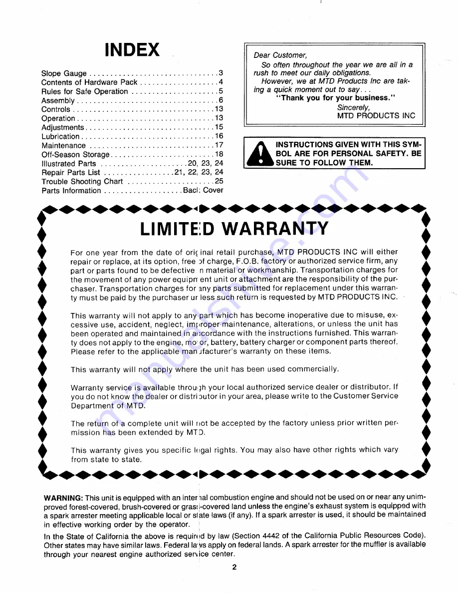 MTD 128-466B000 Owner'S Manual Download Page 2