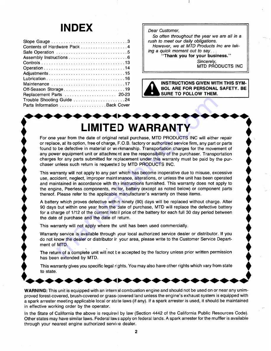 MTD 129-826R401 Owner'S Manual Download Page 2