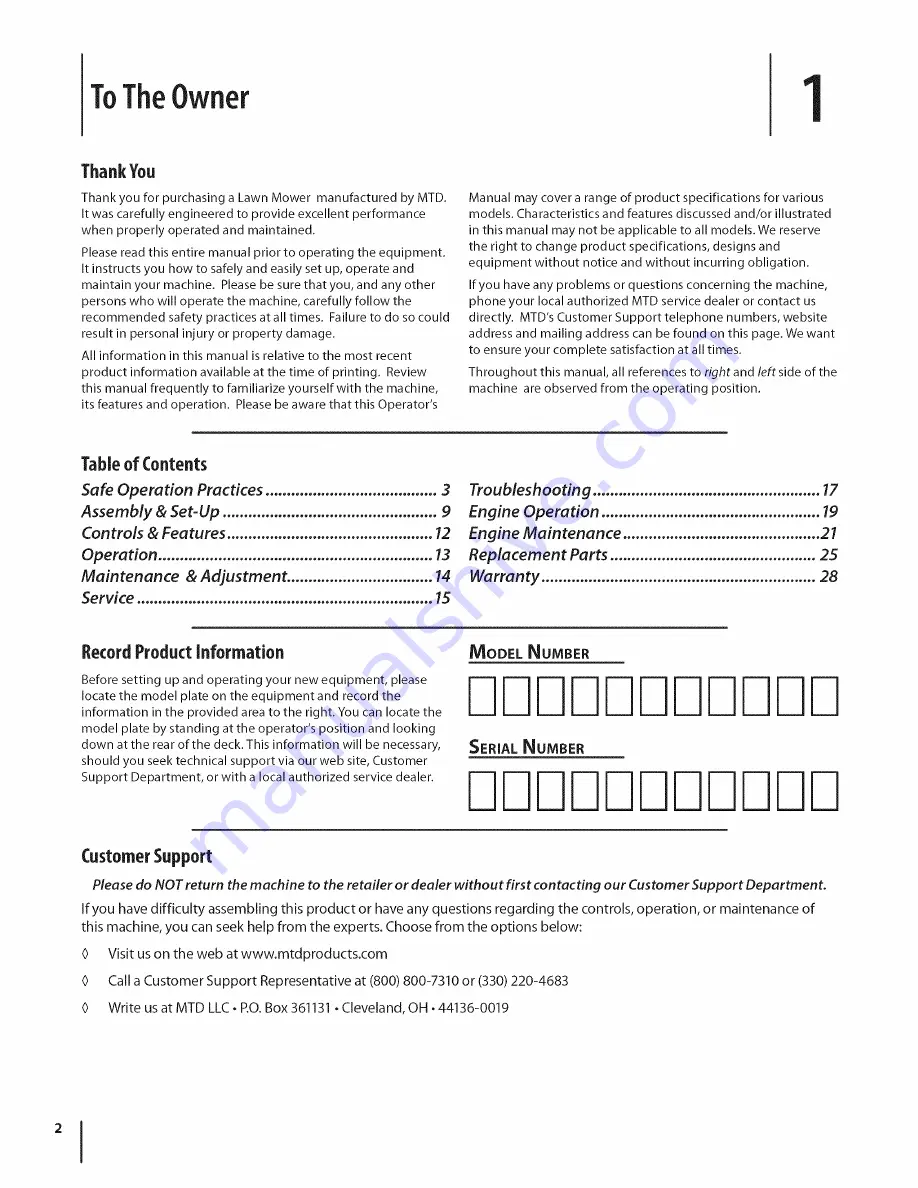 MTD 12A-26JC006 Operator'S Manual Download Page 2