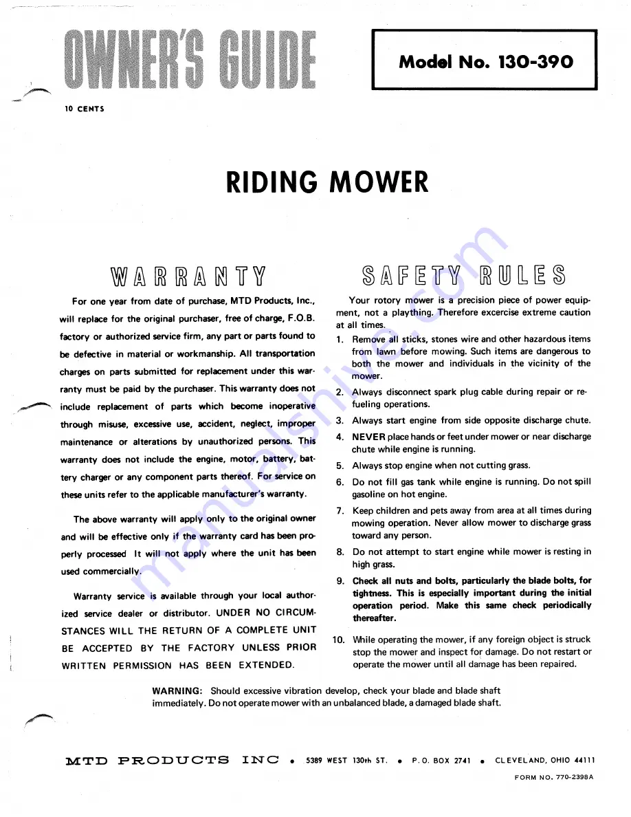 MTD 130-390 Owner'S Manual Download Page 1