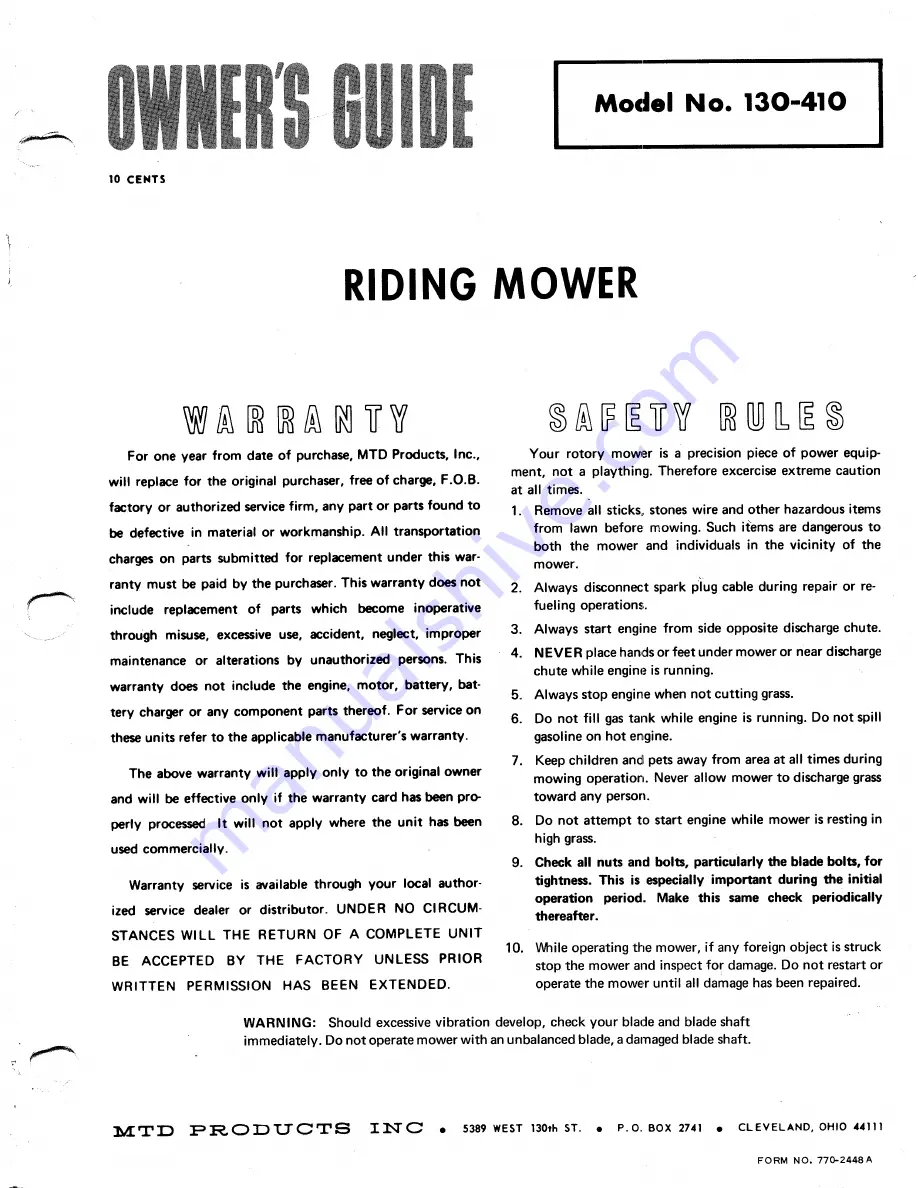 MTD 130-410 Owner'S Manual Download Page 1