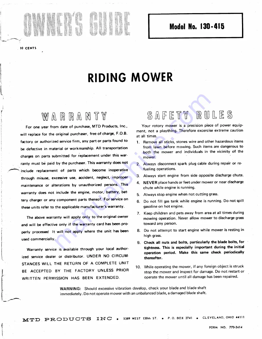 MTD 130-415 Скачать руководство пользователя страница 1