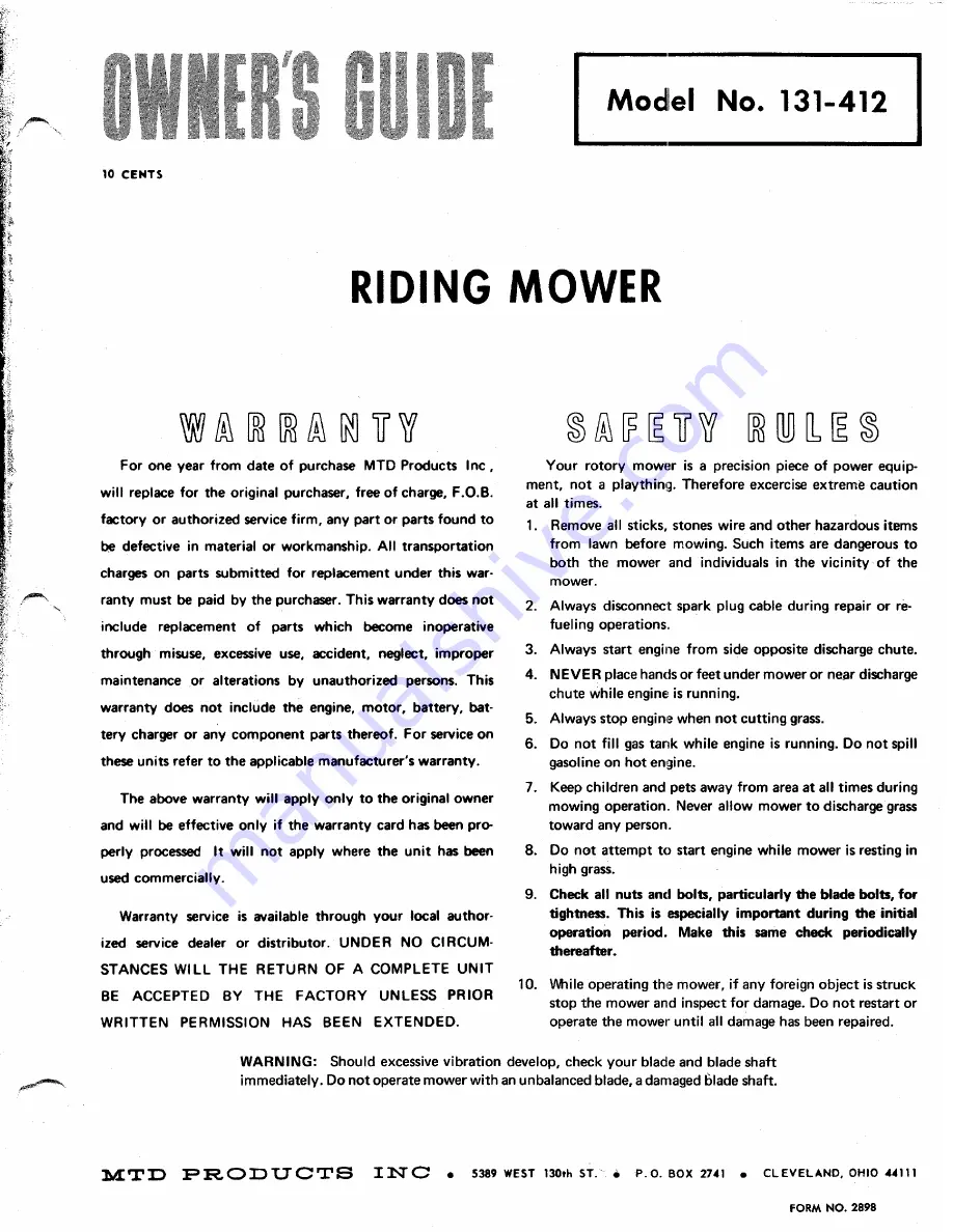 MTD 131-412 Owner'S Manual Download Page 1