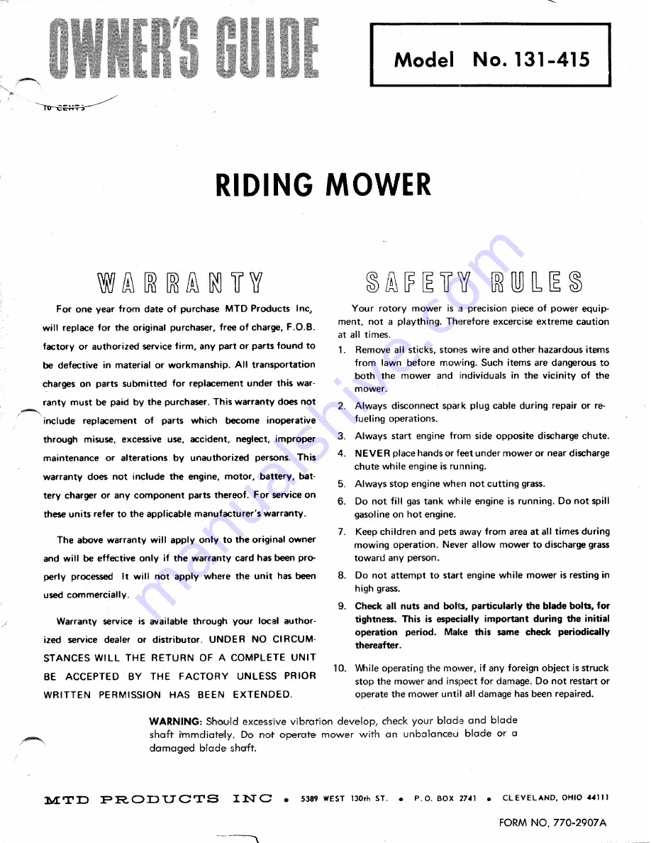 MTD 131-415 Owner'S Manual Download Page 1